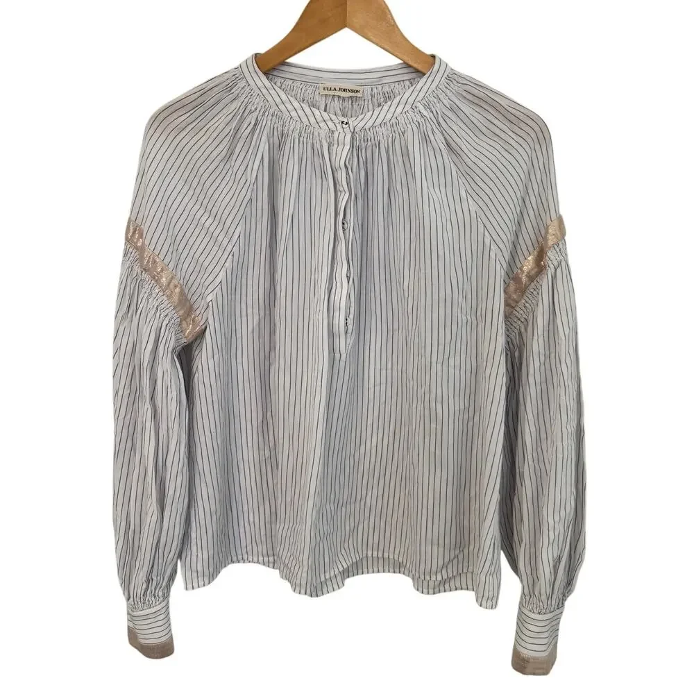 Ulla Johnson | Kora Blouse Puff Sleeve Striped Top Shimmer Porcelain Size 6 Med